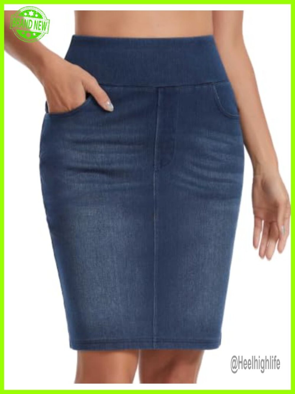 High Waist Stretchy Denim Pencil Skirt Knee Length Back Slit
